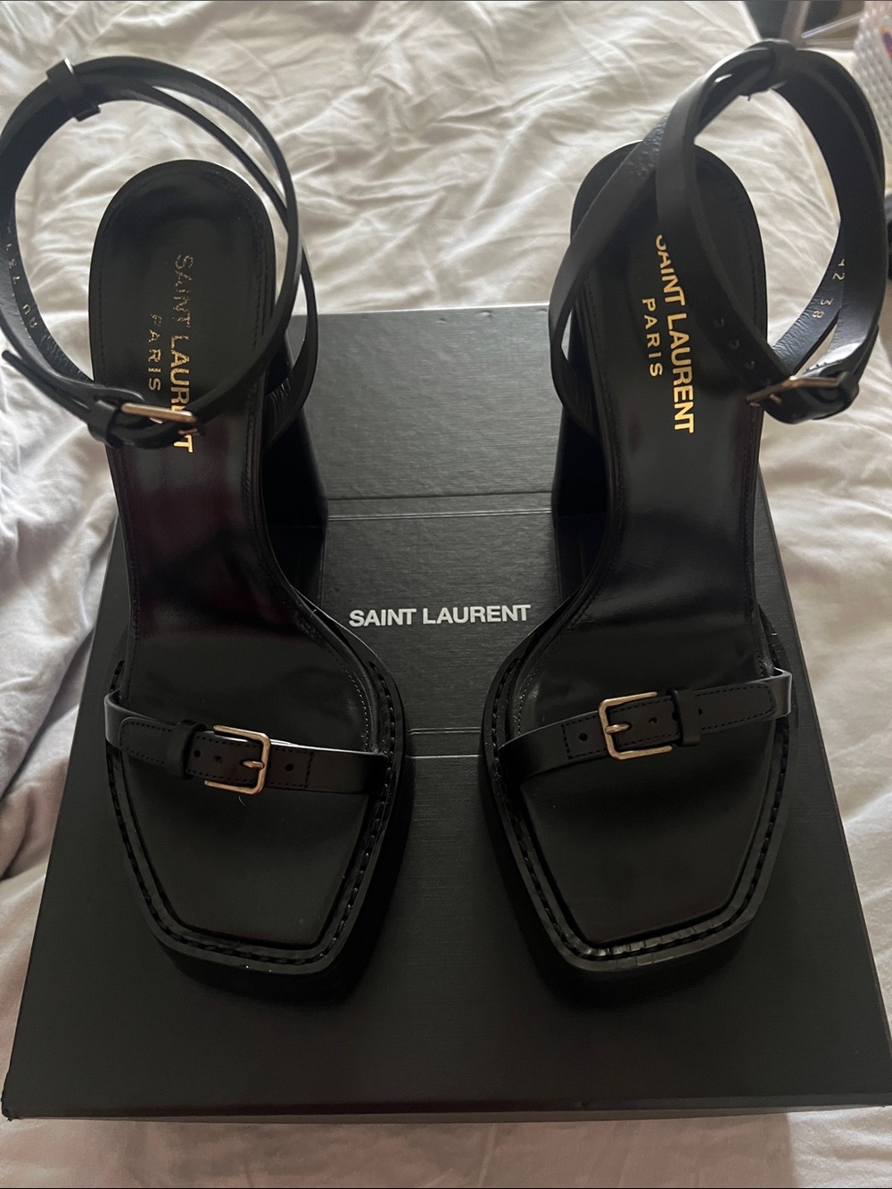 Saint Laurent Black Leather Square-Toe Ankle-Strap Sandals